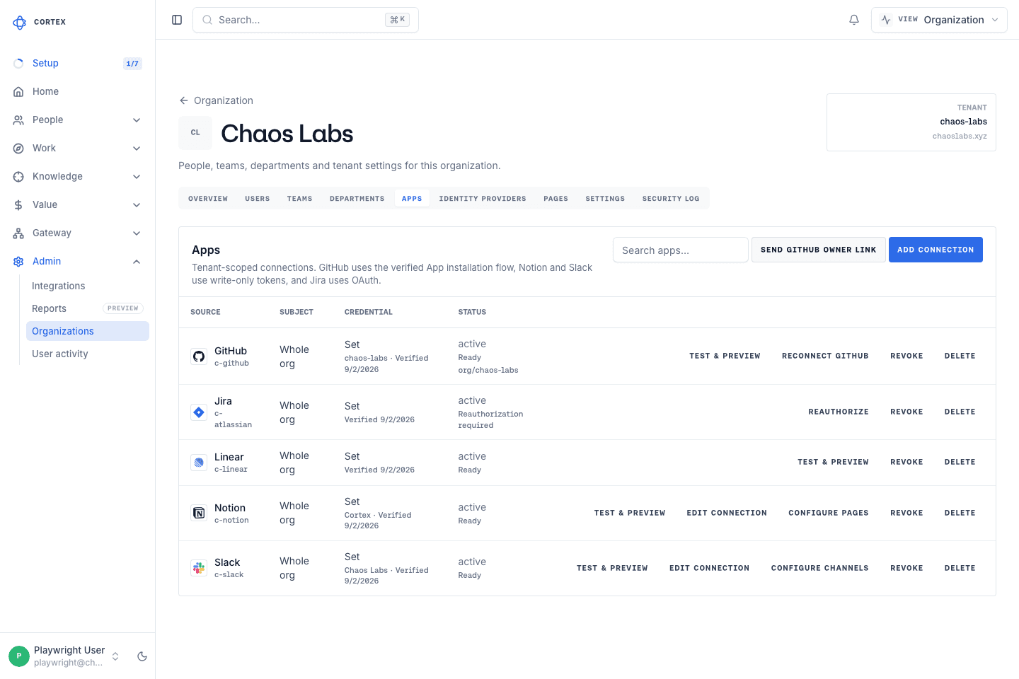 Cortex Apps tab listing the app connections and their state