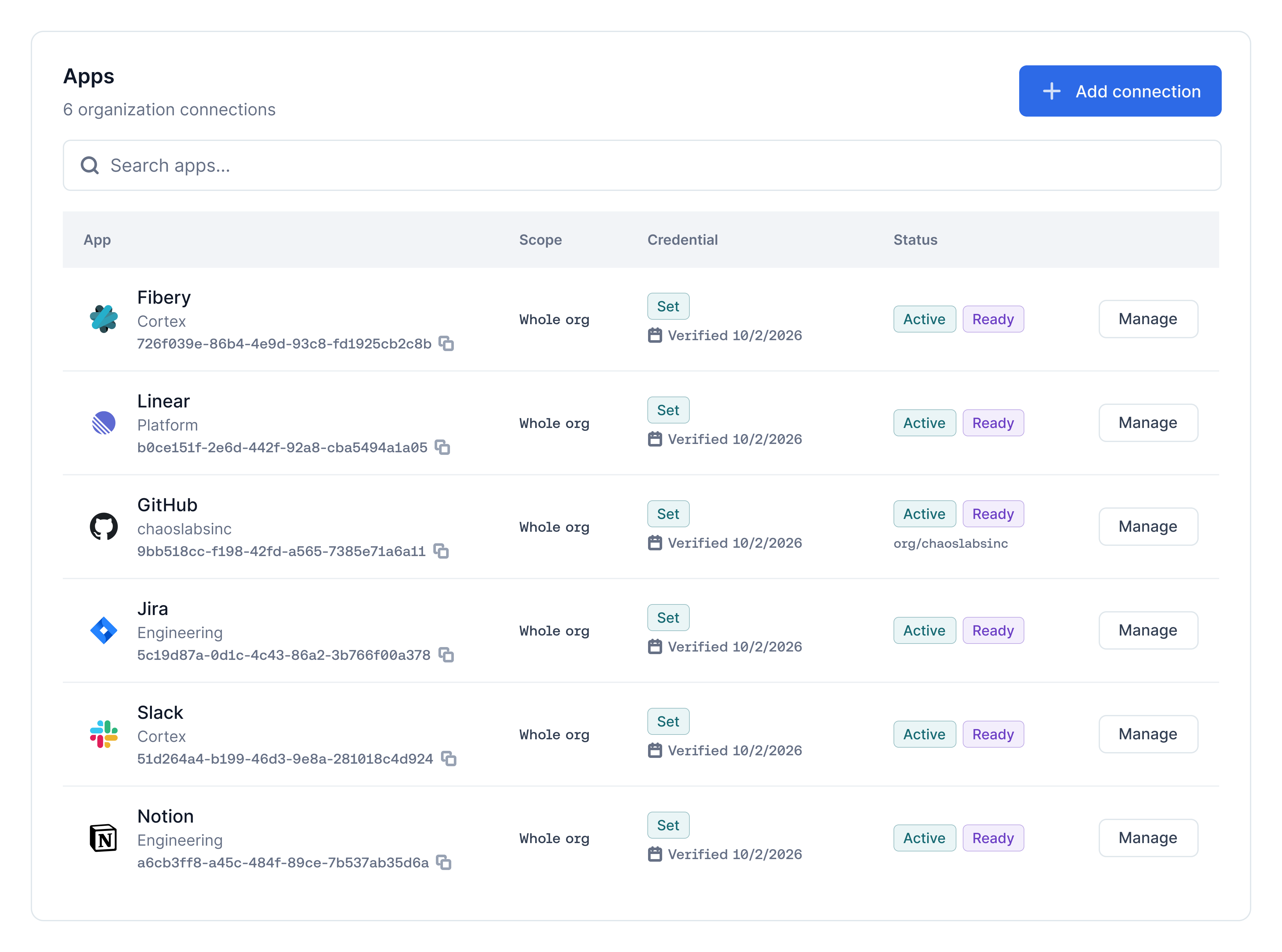 Apps tab listing the Cortex app connections and their state