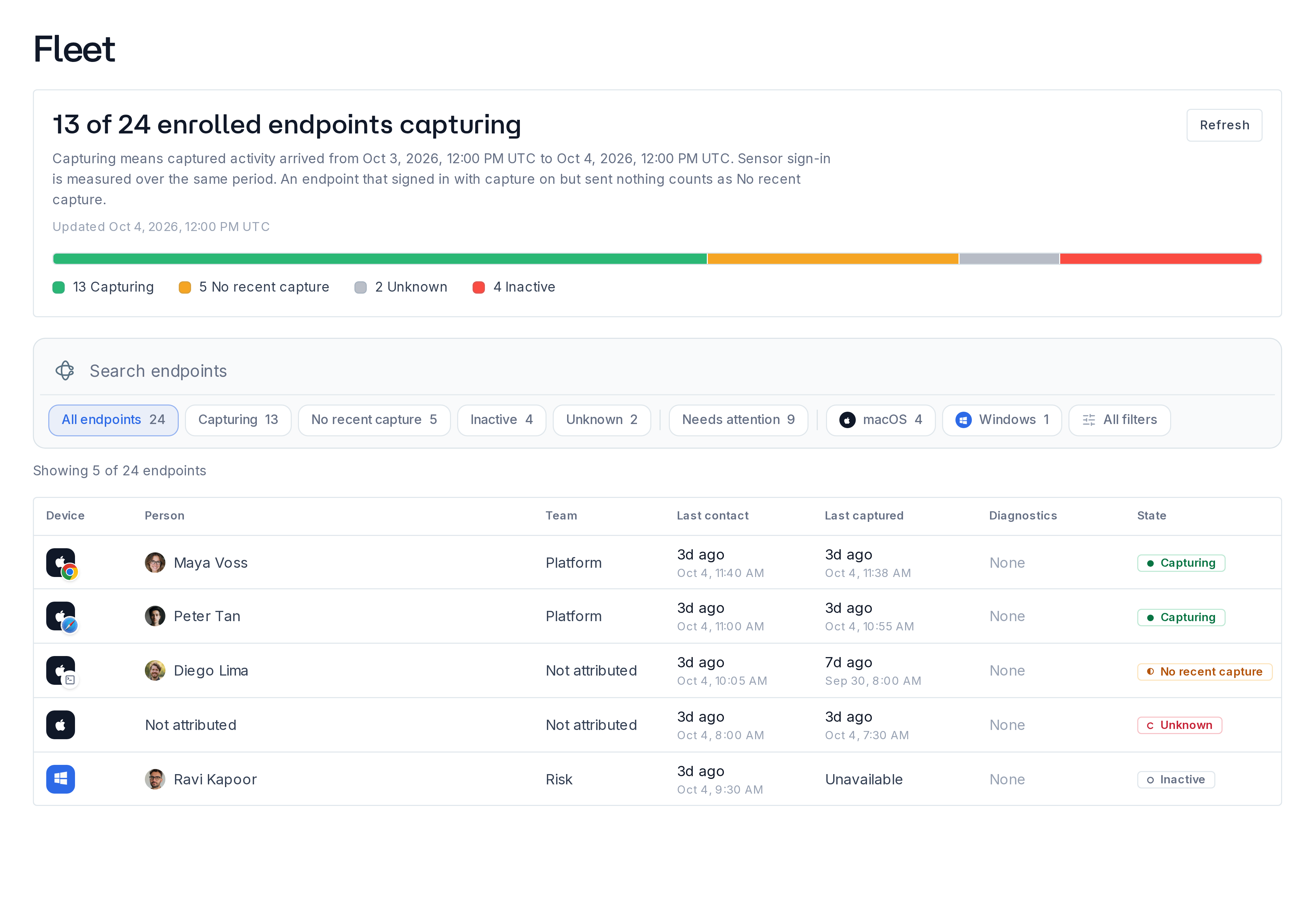 Fleet page listing enrolled devices and their state