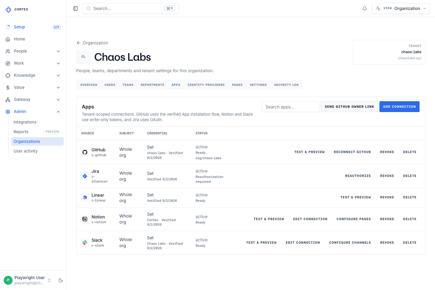 Apps tab listing the Cortex app connections and their state