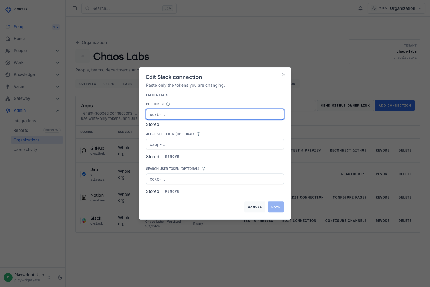 Edit Slack connection dialog showing each stored token as Stored rather than a value