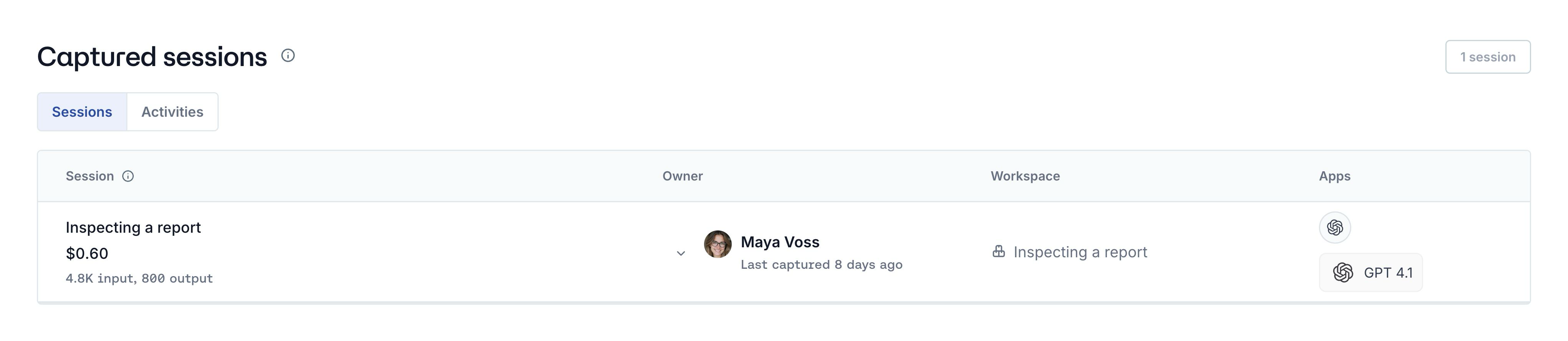 Inspecting a report session with token usage, model and estimated cost