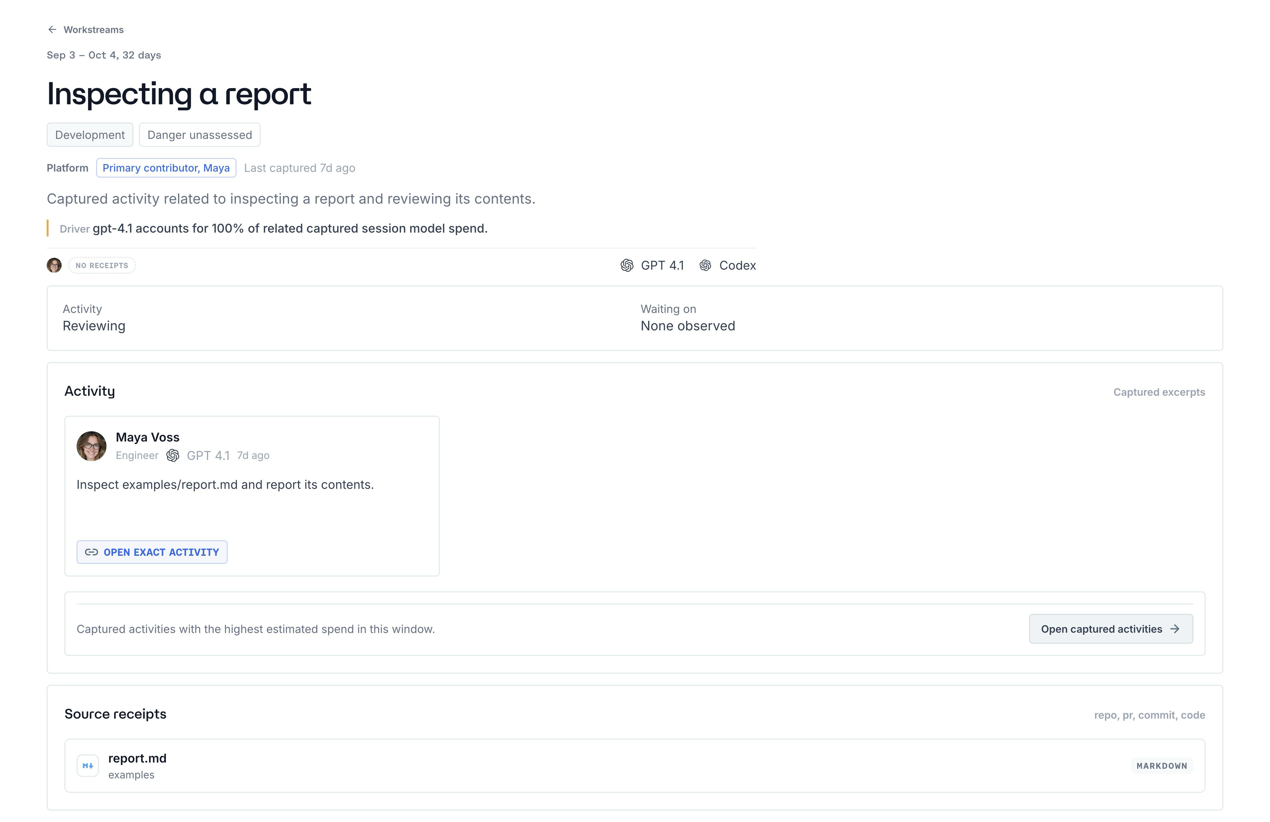 Inspecting a report with captured text, Open exact activity and a report.md reference