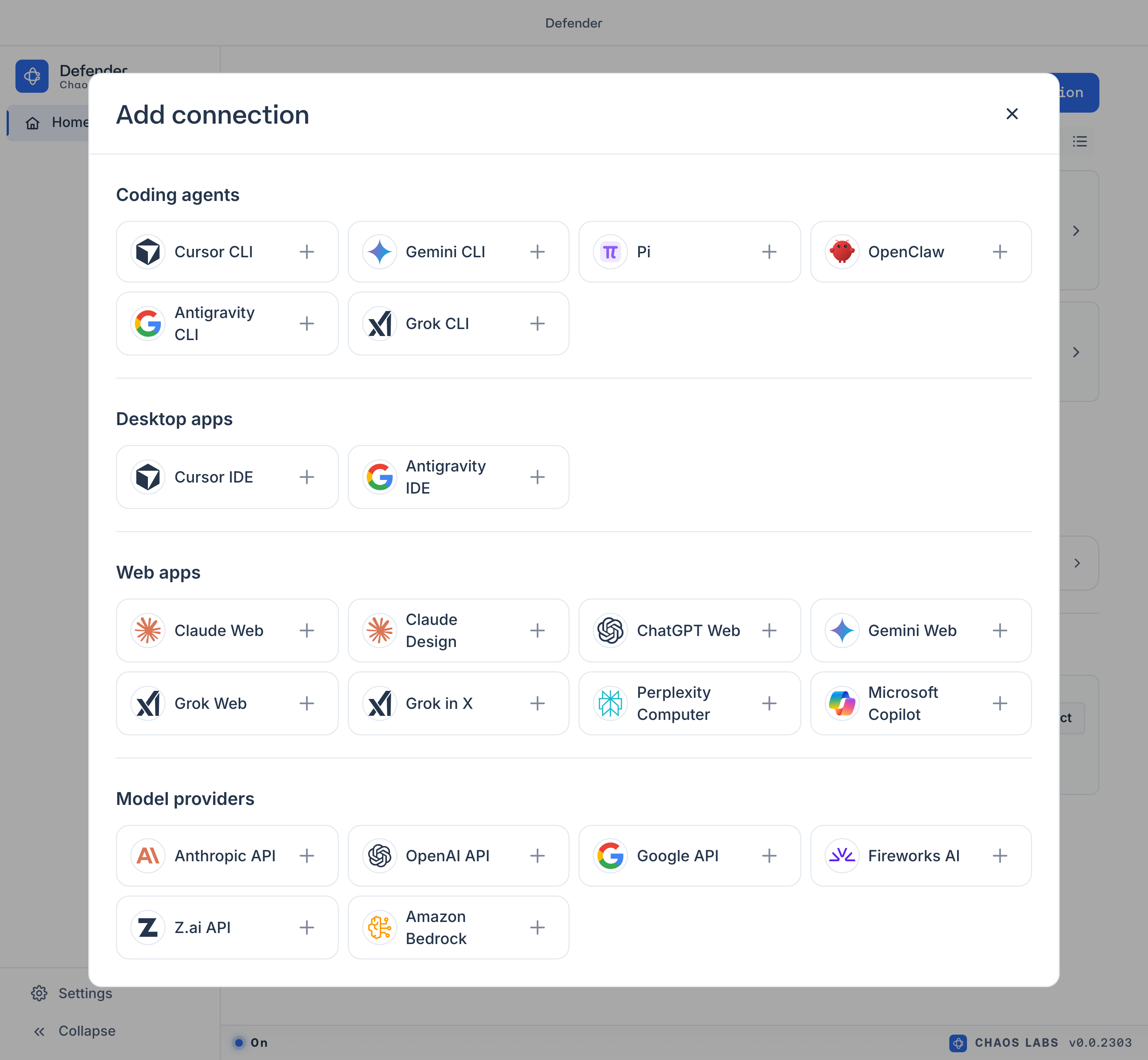 Add connection catalog grouped by coding agents, desktop apps, web apps, and model providers