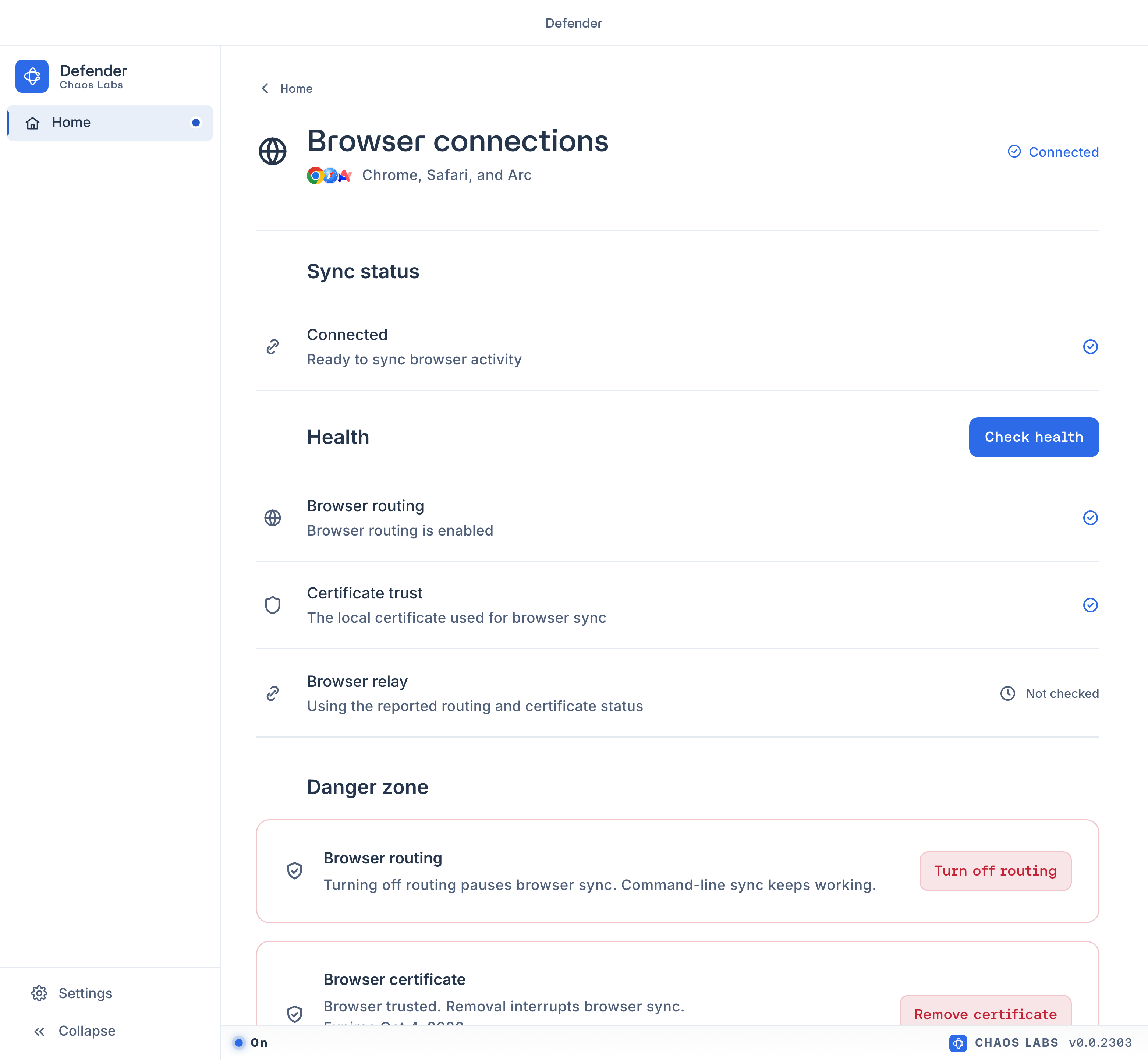 Browser sync with Sync status, Health checks, and certificate status