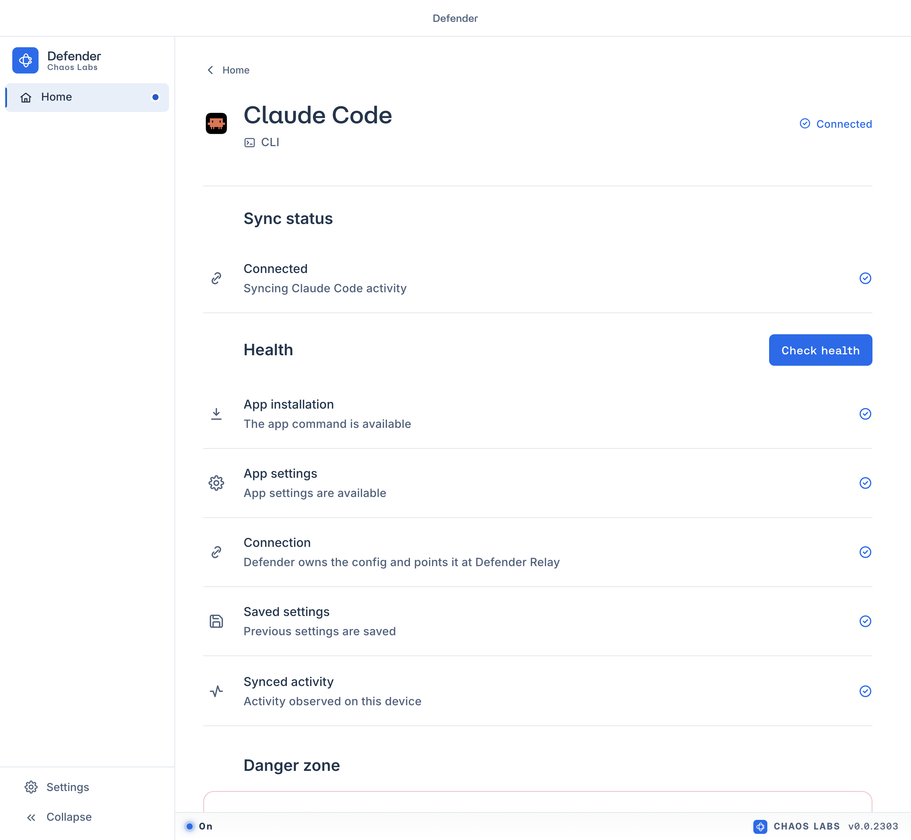 Claude Code connection with Sync status and individual Health checks