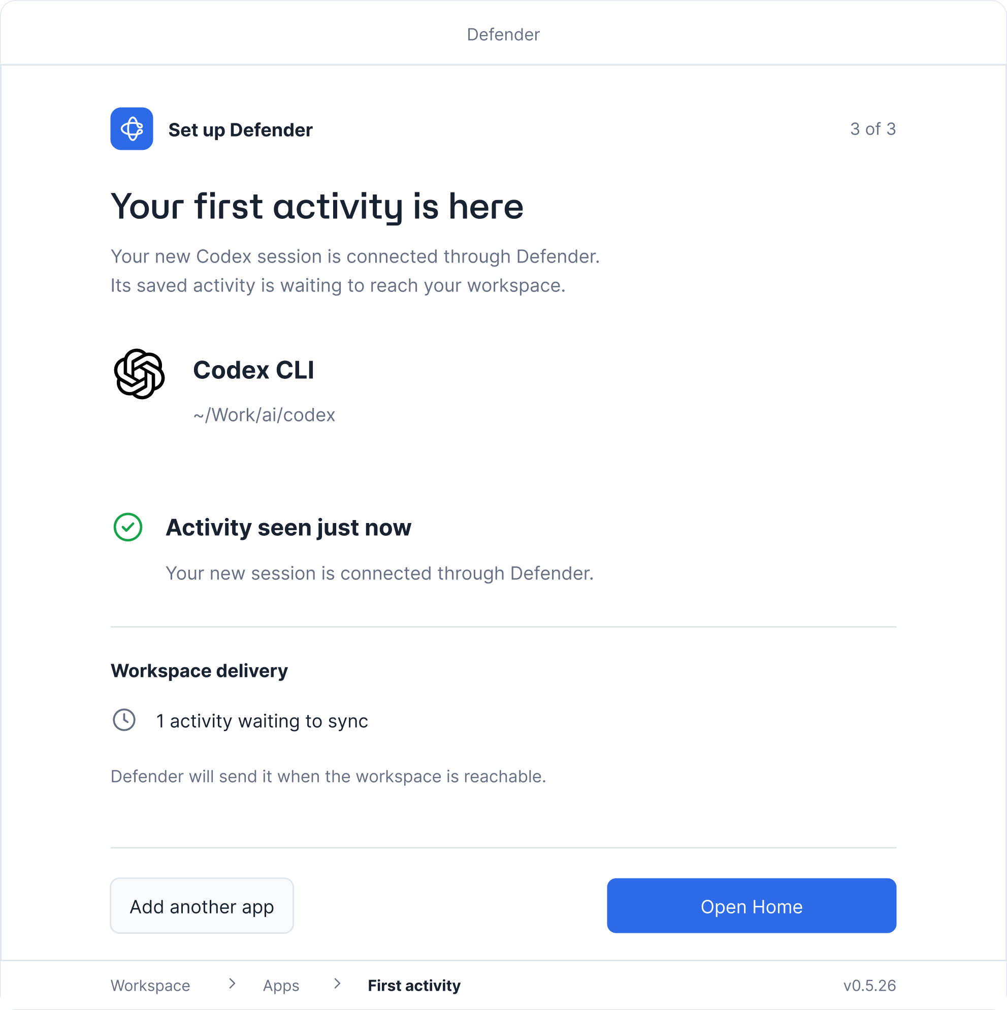 First activity observed on the device, with workspace delivery still waiting to sync