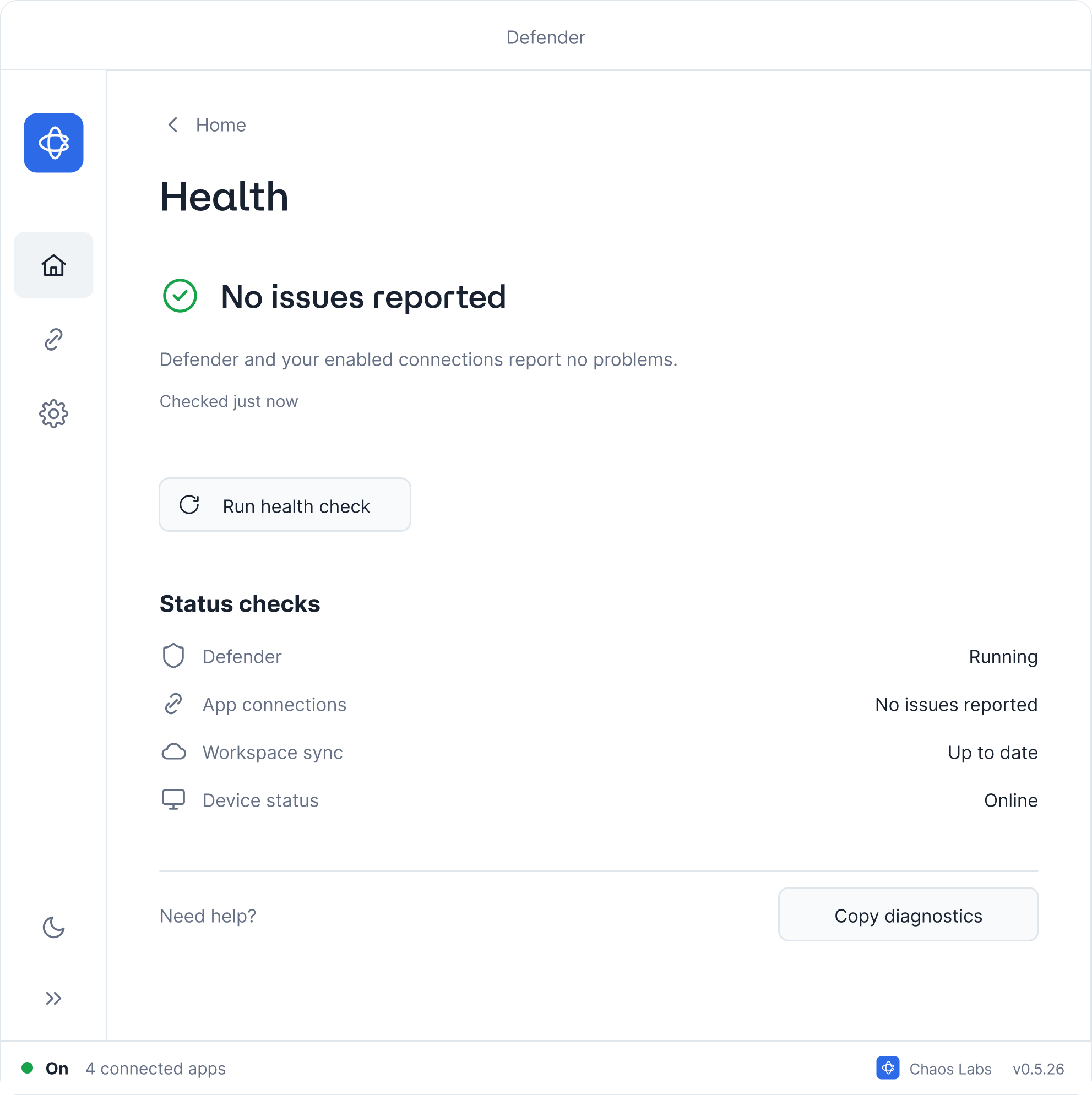 Defender Health showing no issues reported and workspace sync up to date
