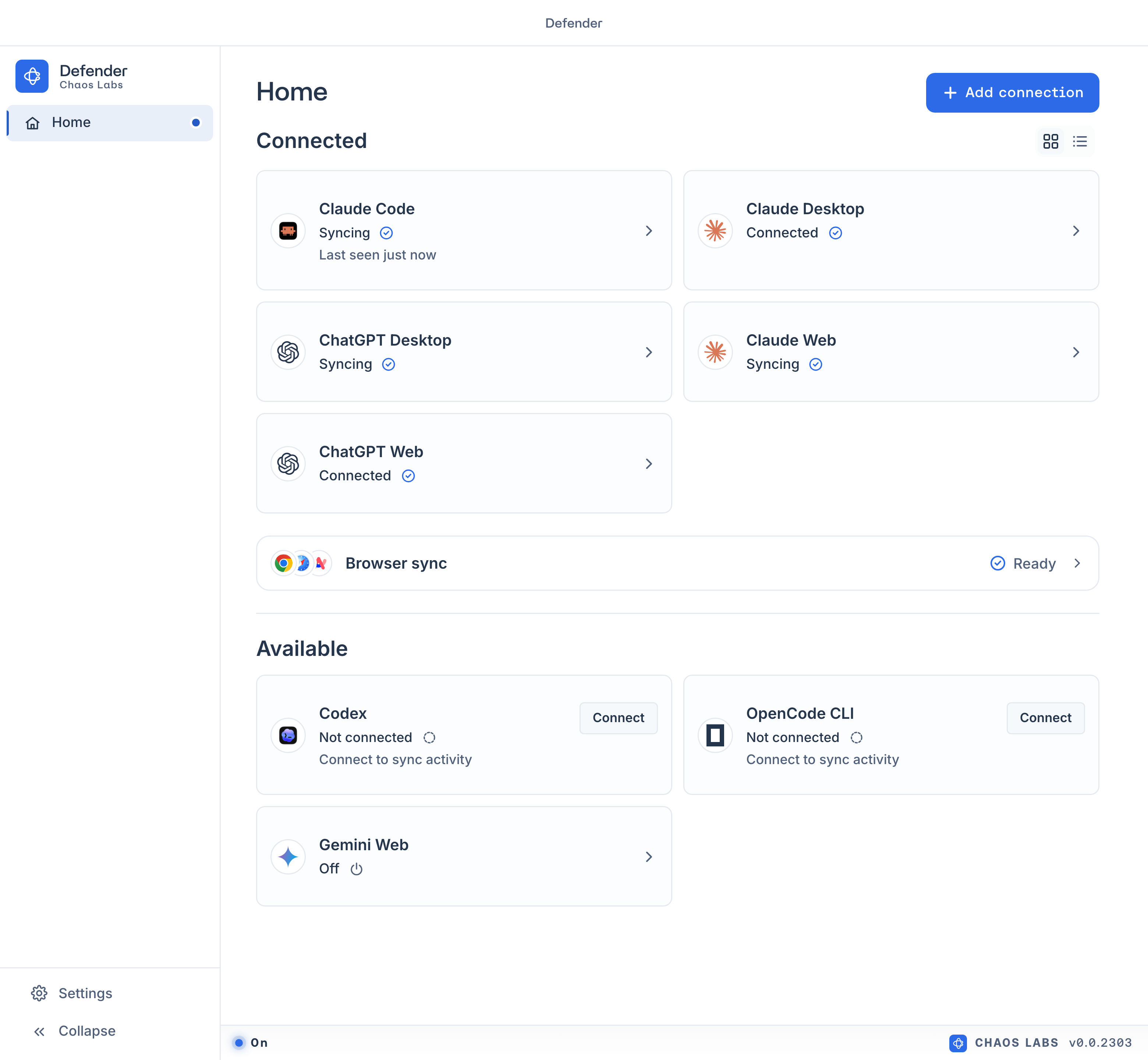Home showing Connected and Available app groups