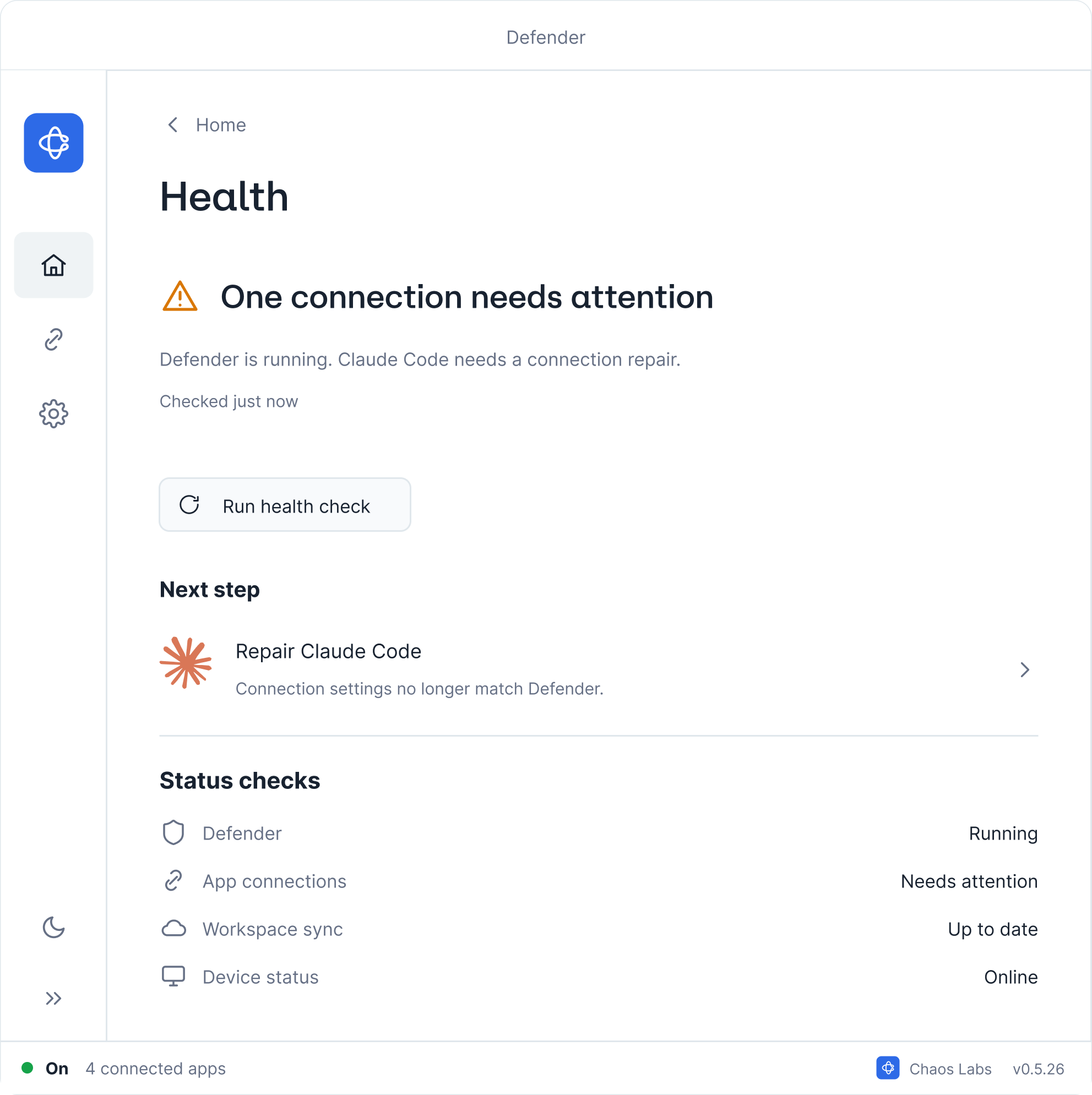 Health identifies a Claude Code connection that needs repair and shows its next step