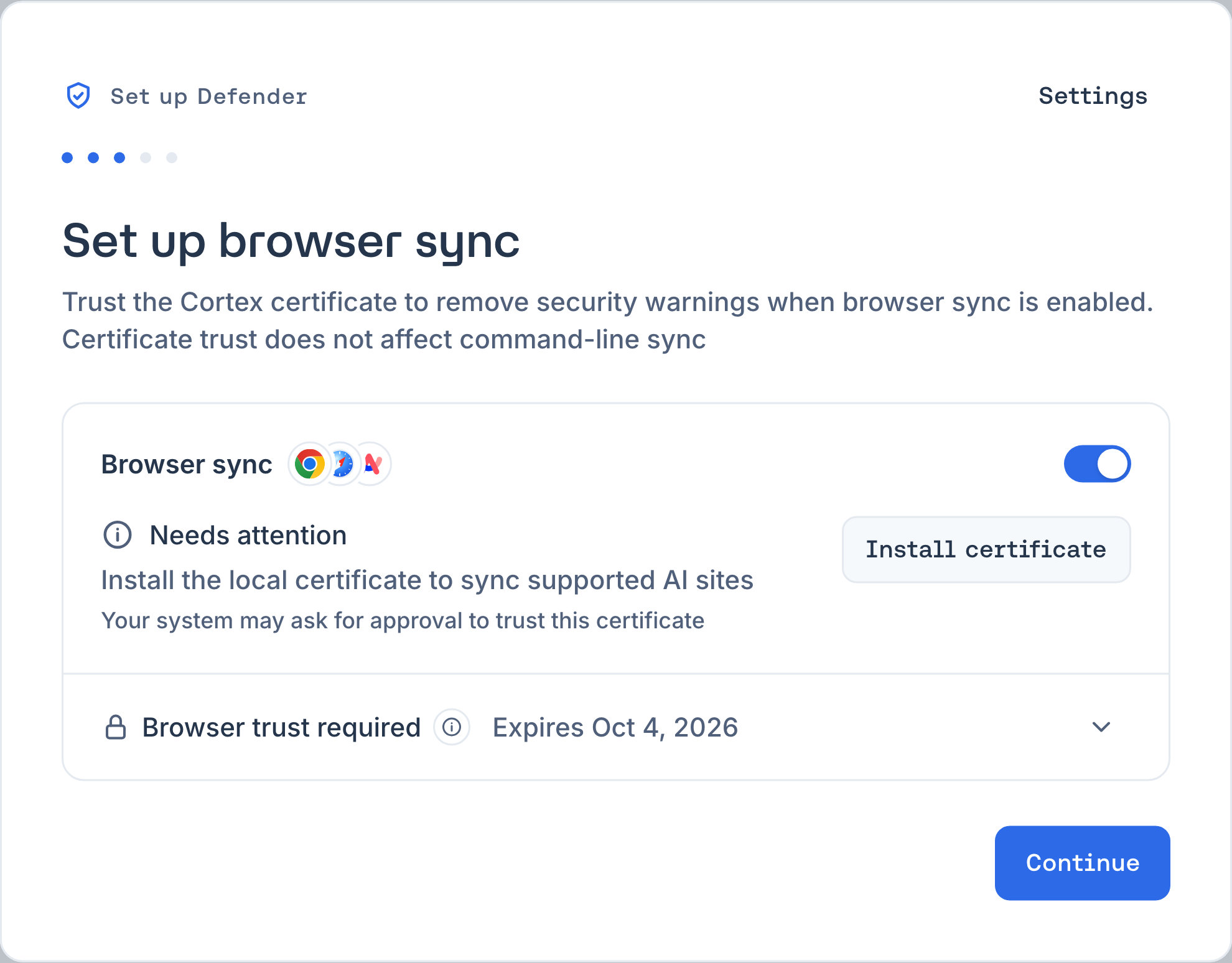 Browser setup showing certificate trust required and Install certificate