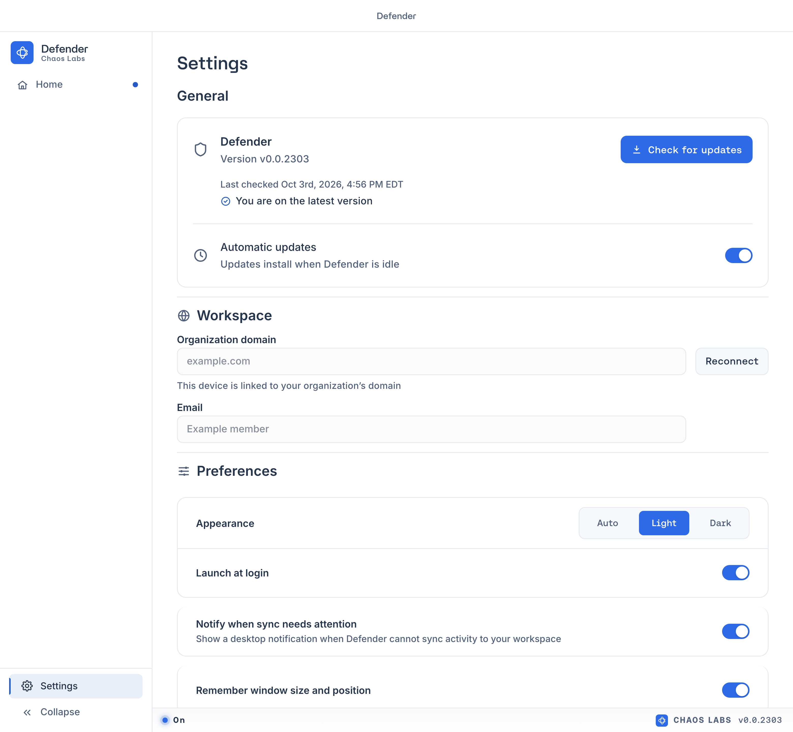 Settings General with Version, Check for updates, and Automatic updates