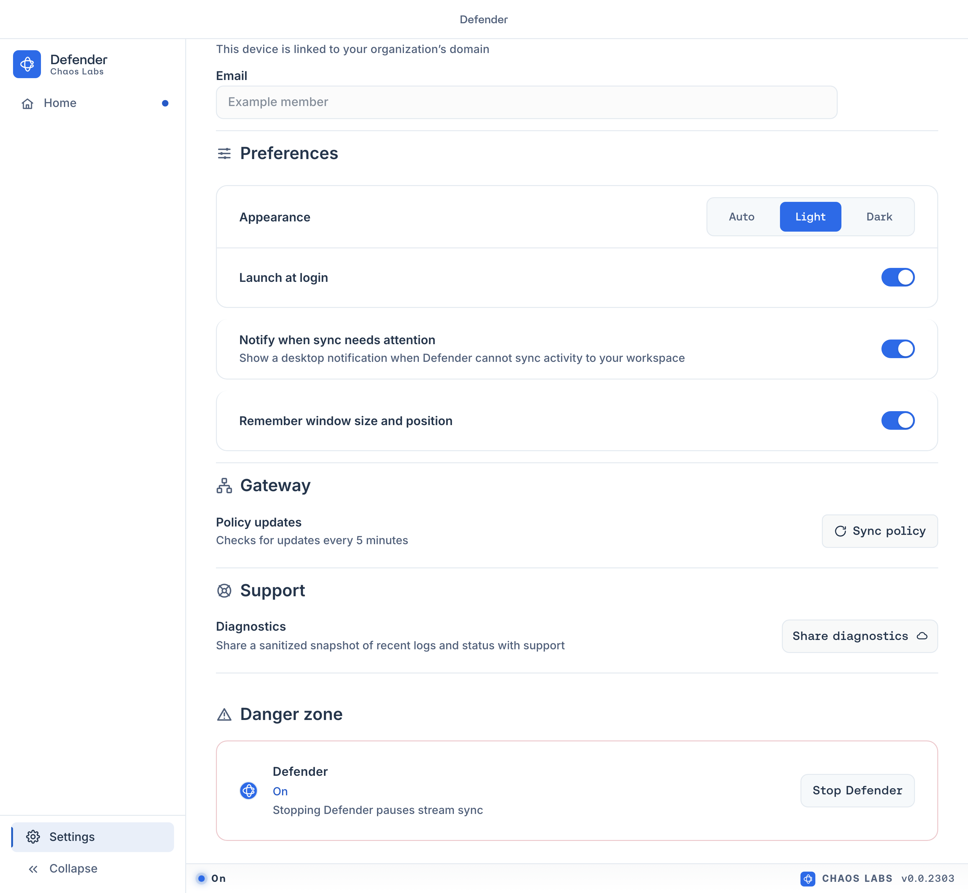 Settings showing preferences, policy sync, diagnostics, and Danger zone