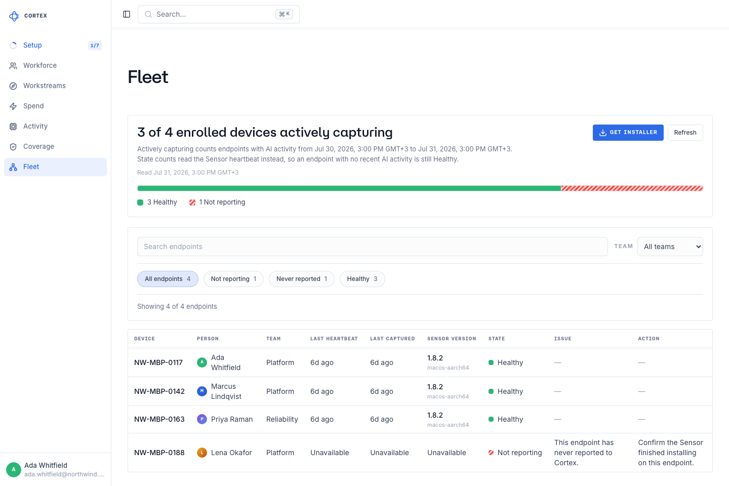 Fleet page listing enrolled devices and their state