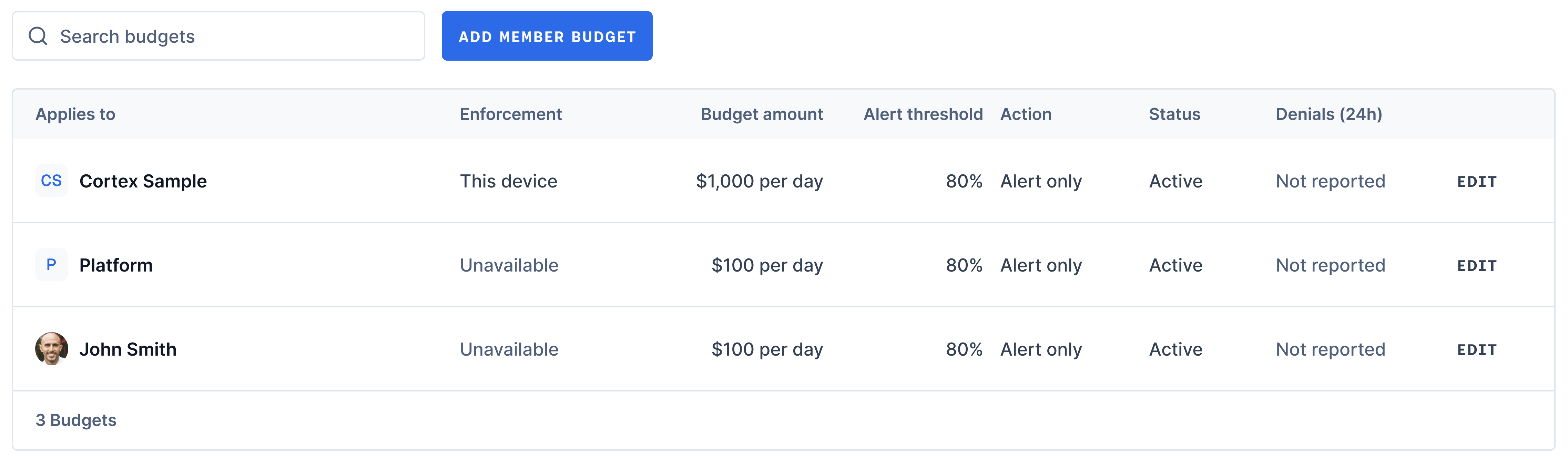 Budget table with scope, daily cap, action and active status