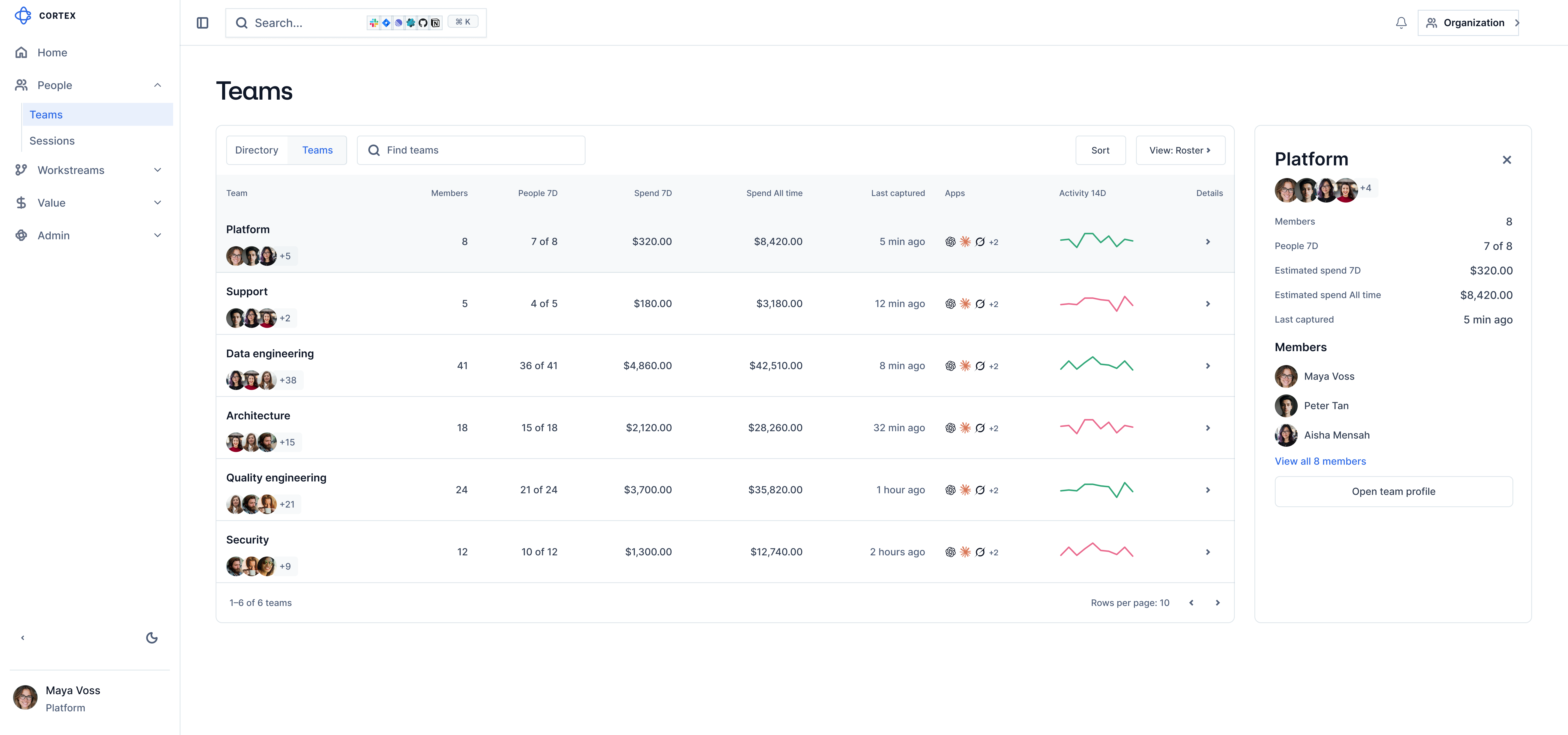 Team detail with member roster, captured spend and recency