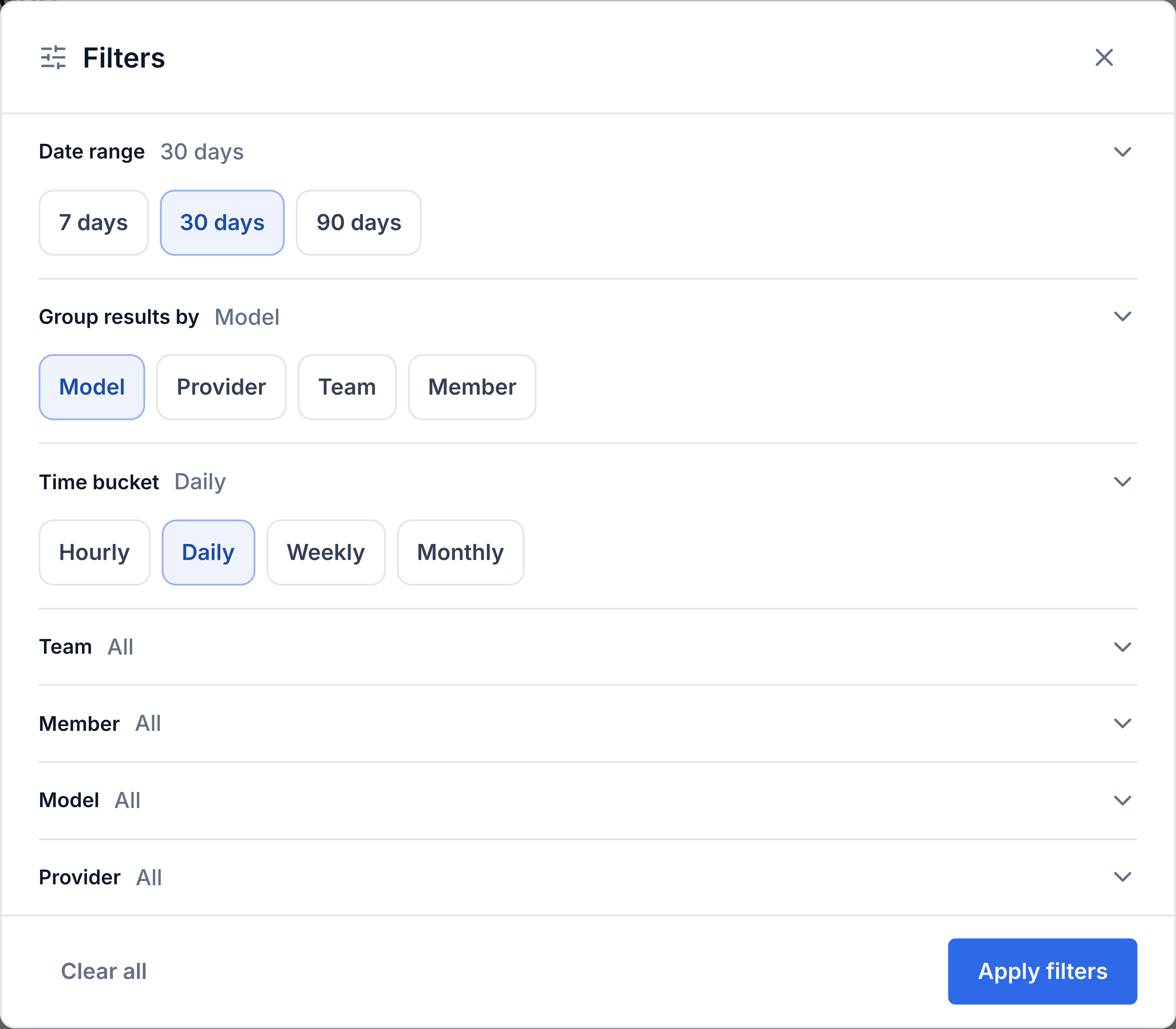 Usage reporting range, grouping and filters