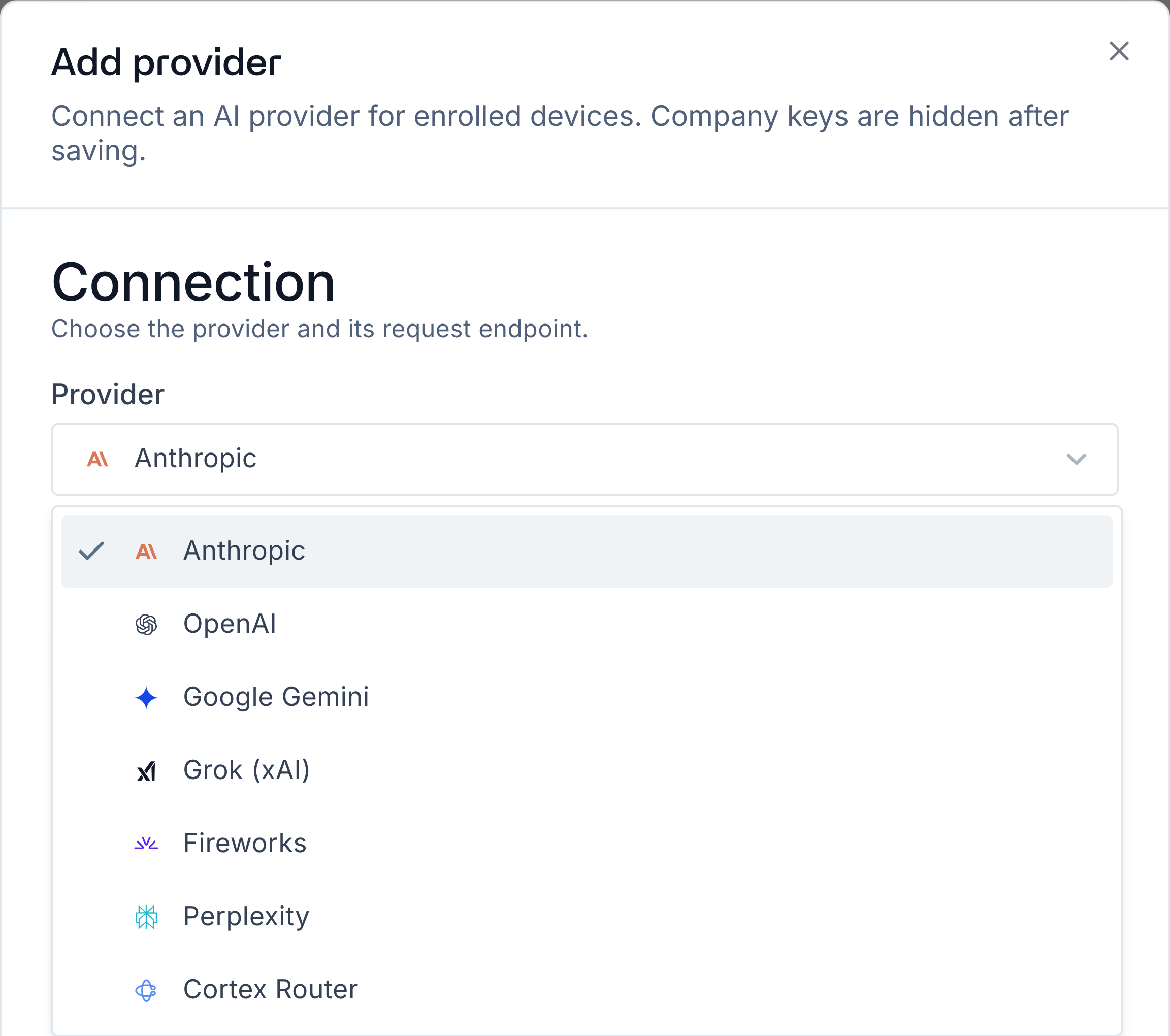 Add provider selector with all six upstream providers and Cortex Router