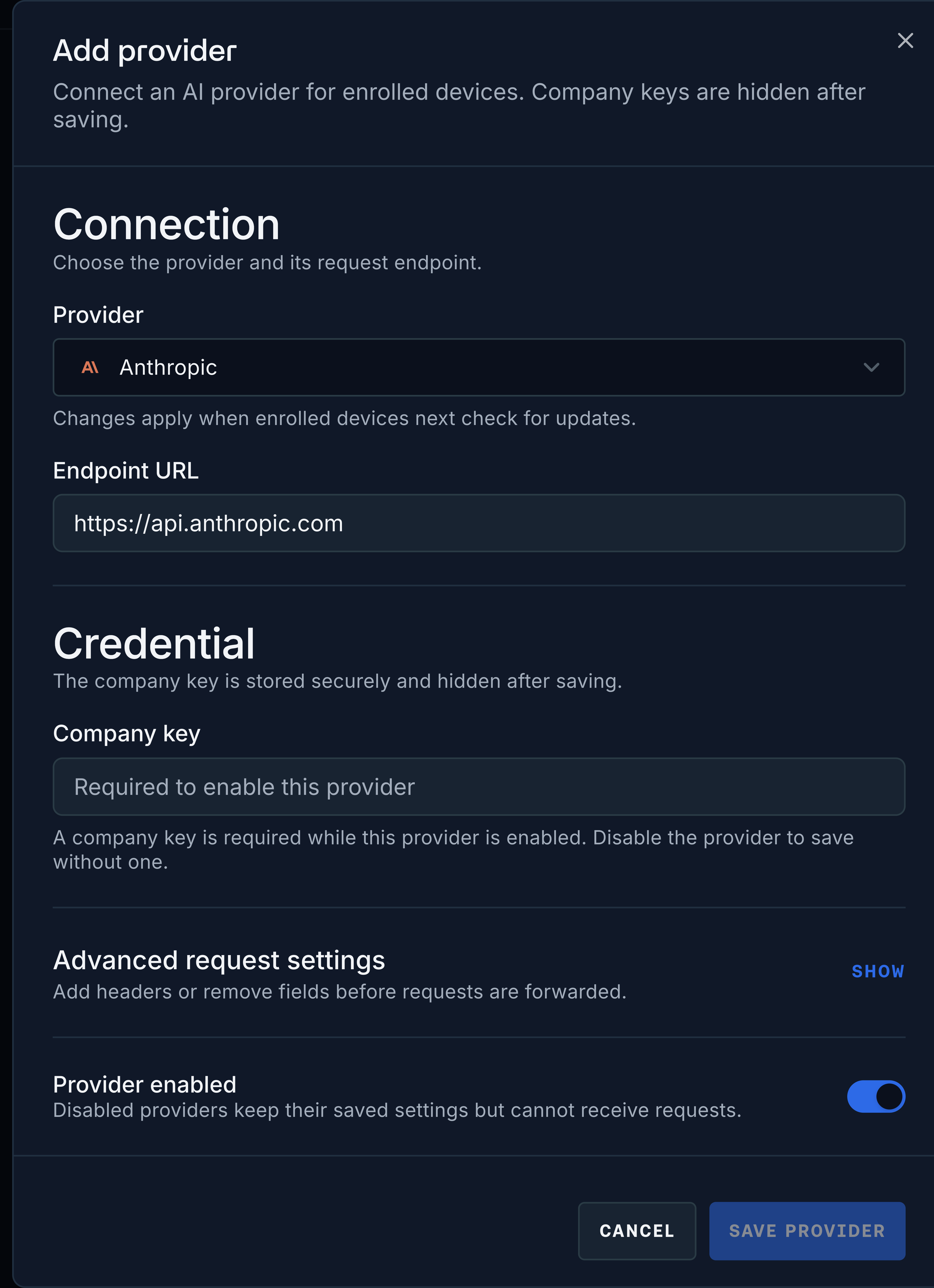 Individual provider form with endpoint, company key and enabled state