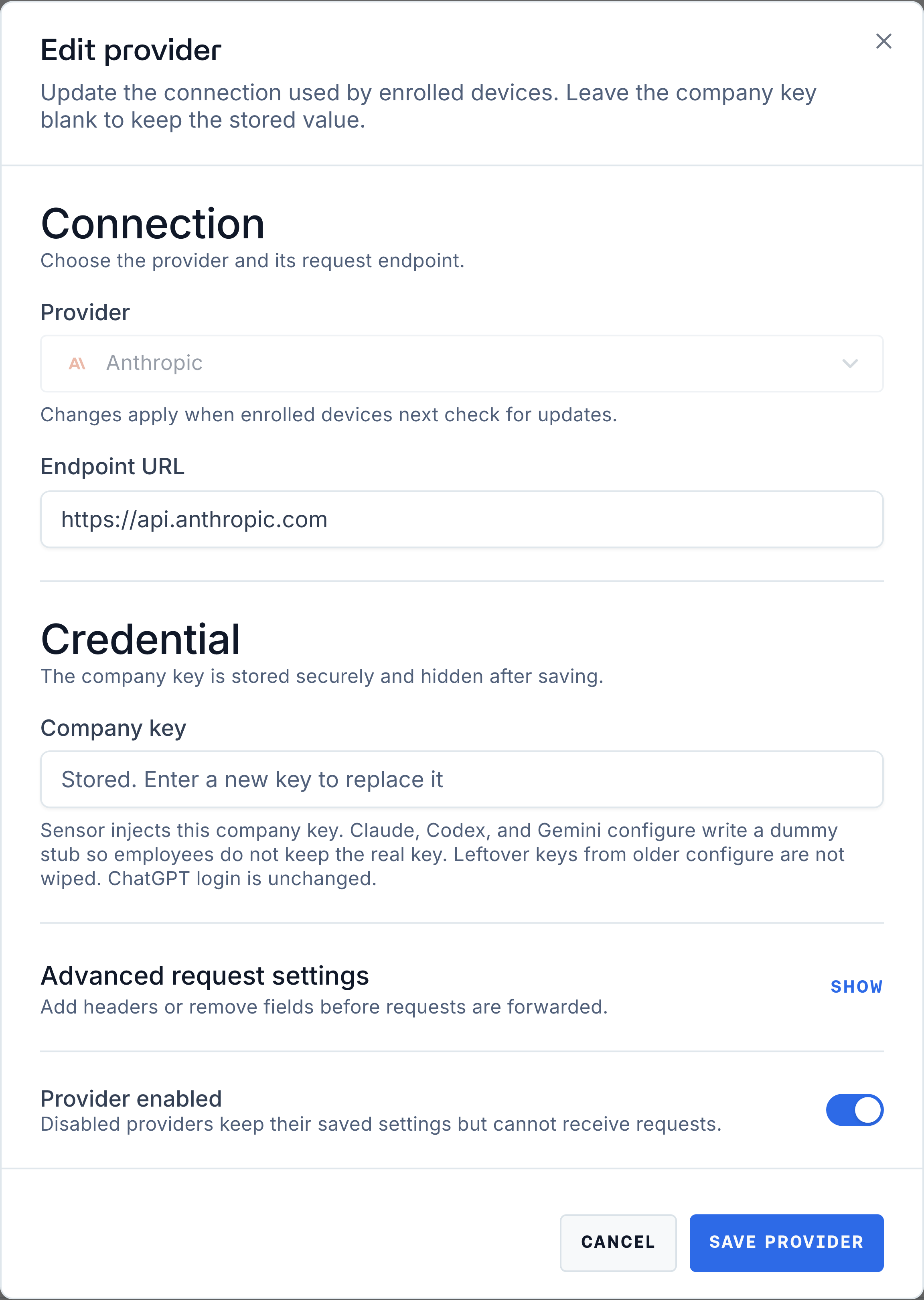 Edit provider with endpoint, stored company key and enabled state