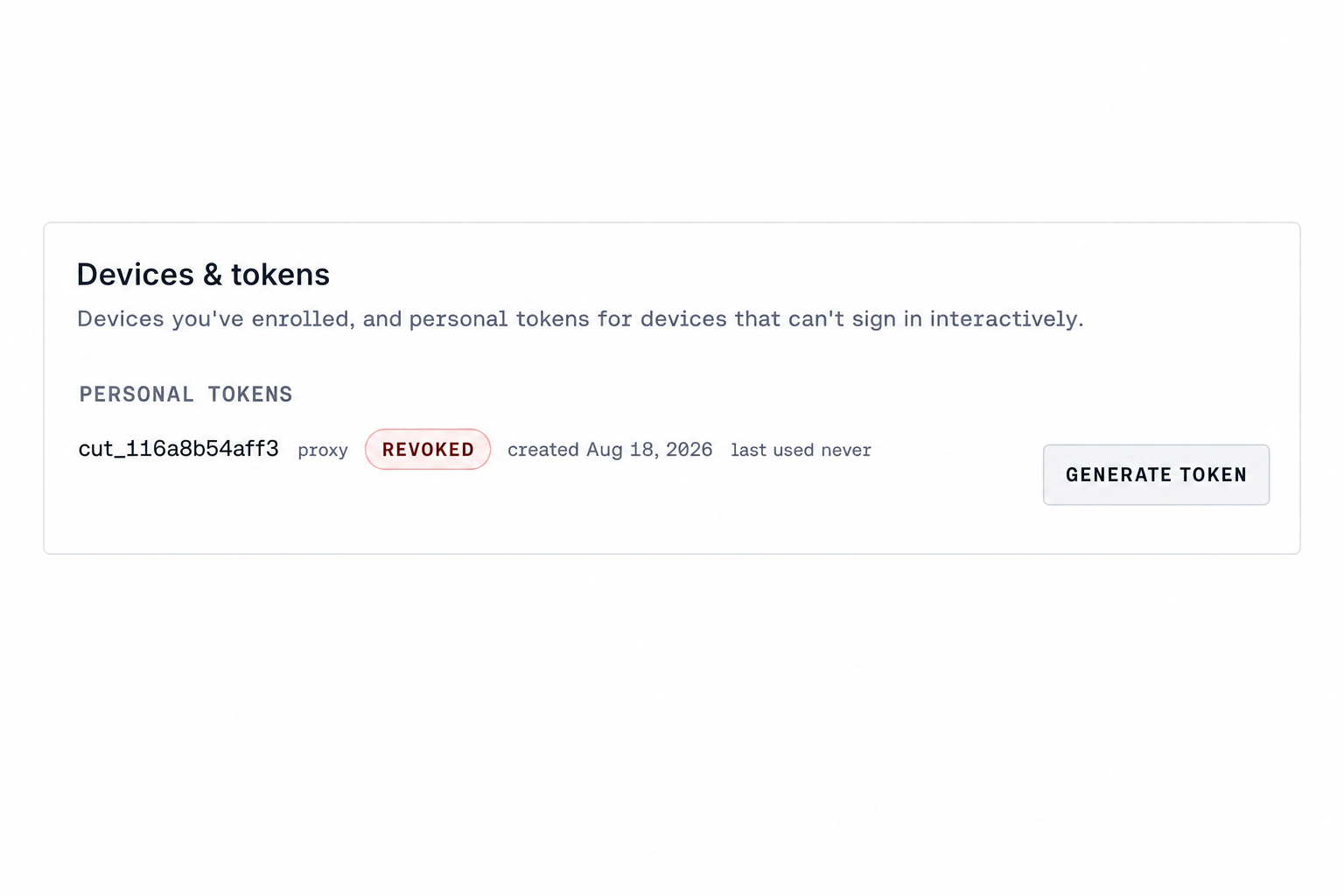 Devices & tokens with Personal tokens and Generate token